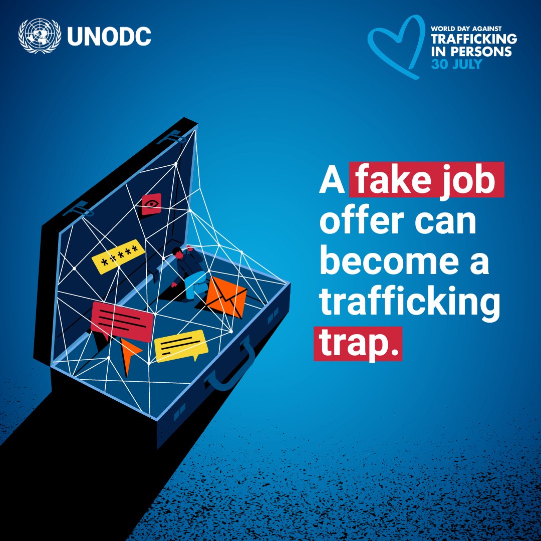 UNODC_OrgCrime's tweet photo. A fake job offer can become a trafficking trap.

Criminal networks lure people with promises of legitimate work. Instead, they are trafficked into scam operations, where they are held through violence, debt and abuse, forced to carry out online fraud.

#EndHumanTrafficking https://t.co/OQS4QTNefD