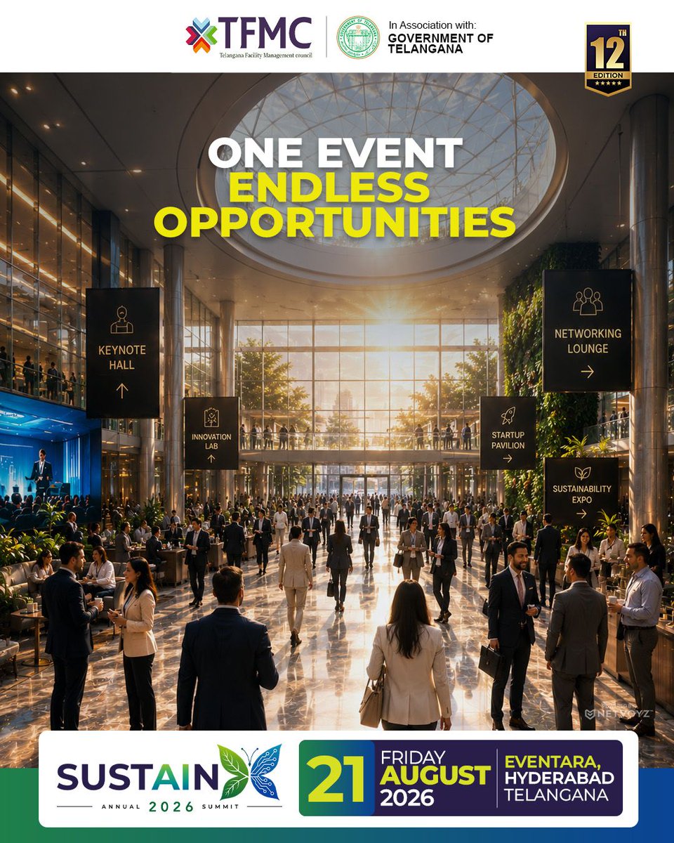 TFMC_india's tweet photo. One Event. Endless Opportunities. 🚀

Join #SUSTAINX2026—India's Largest Marketplace for Sustainable &amp; AI Ecosystem.

Network. Innovate. Partner. Grow.

📅 21 Aug 2026 | 📍 Hyderabad

#AI #Innovation #BusinessNetworking #Sustainability #TFMCIndia https://t.co/Cje2bYoUK0