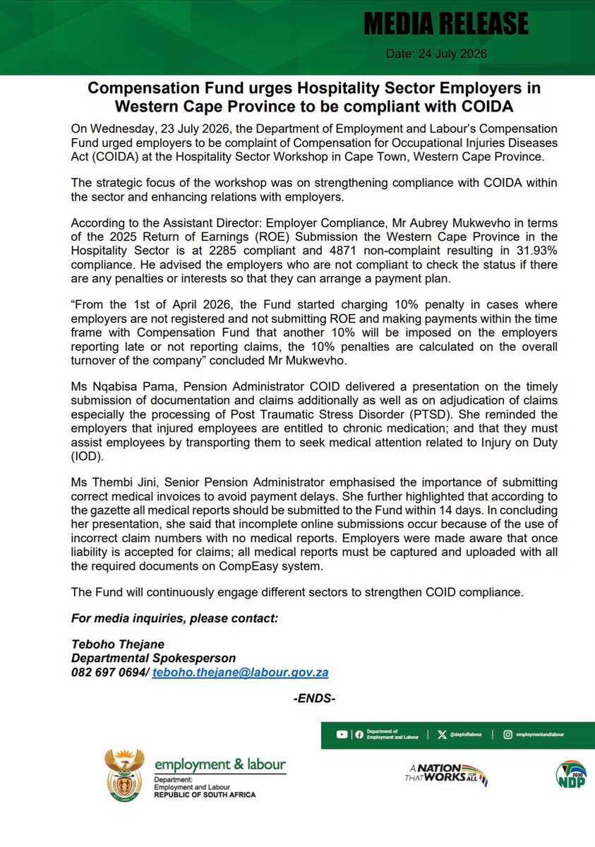 deptoflabour's tweet photo. Compensation Fund urges Hospitality Sector Employers in Western Cape Province to be compliant with COIDA
https://t.co/e4ab4ExEag

#Yazini #ServicedeliveryZA #GovZAUpdates https://t.co/NjvnU1V0e6