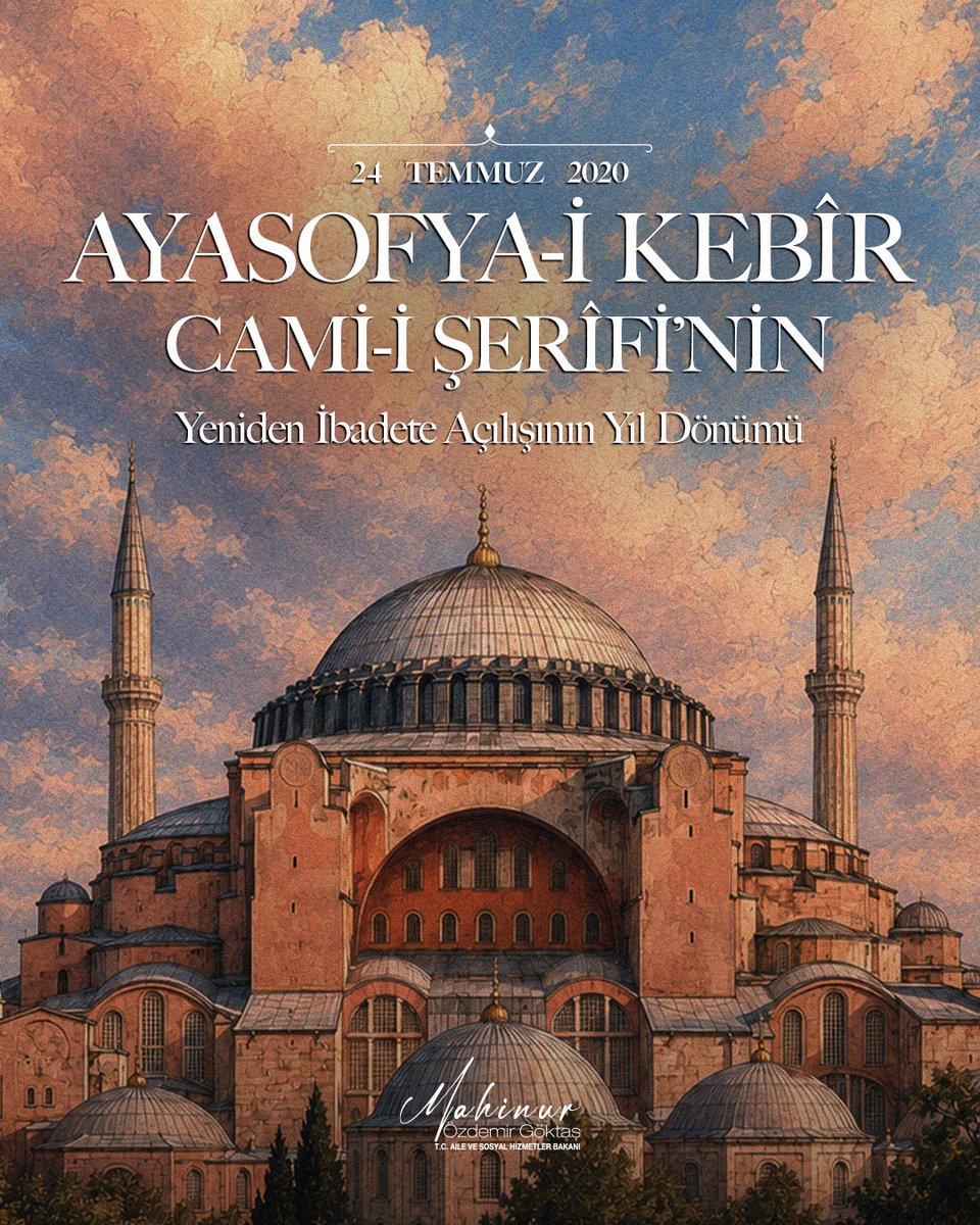 MahinurOzdemir's tweet photo. 86 yıllık hasretin ardından Ayasofya-i Kebîr Cami-i Şerîfimizde, ilk ezana ve ilk namaza kavuşmamızın üzerinden 6 yıl geçti.

Fatih Sultan Mehmet Han'ın, İstanbul'un fethinden sonra ilk cuma namazını kıldığı Ayasofya'da, ezan sesleri yankılanmaya ve alnımız secdeyle buluşmaya devam edecek.

Bu tarihi iradenin ortaya konulmasına vesile olan Cumhurbaşkanımız Sn. @RTErdogan'a sonsuz teşekkürlerimi sunuyorum.