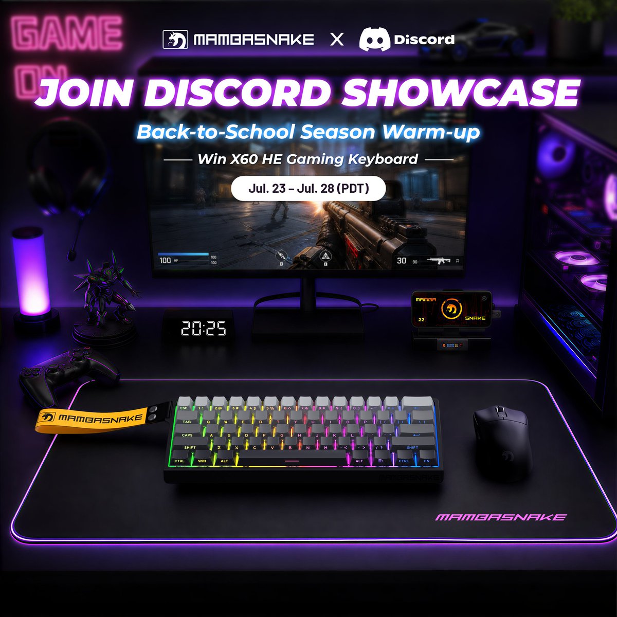 MAMBASNAKEEU's tweet photo. MAMBASNAKE Back-to-School Warm-up

Hop into our Discord Showcase channel for a shot at scoring a brand new X60 HE gaming keyboard!

 PRIZE UP FOR GRABS
1 lucky winner takes home an X60 HE Rapid Trigger Keyboard

HOW TO ENTER
1) Join our official Discord server: https://t.co/5fBsSaBqHP
2) Head to the #showcase channel
3) Post a photo of your awesome gaming setup, keyboard or mouse

 EVENT TIMELINE
• Entry Period: July 23 – July 28
• Winner Reveal: July 29 (announced live in Discord)

#mambasnake #summersale #discord #setup #giveaway #keyboard #mouse #showcase #backtoschool