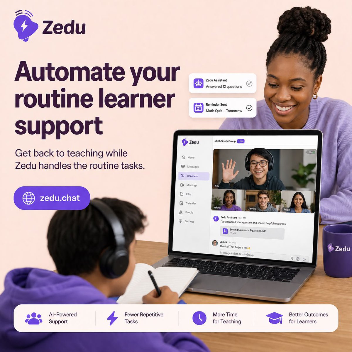 ZeduOfficial's tweet photo. Keep student communication simple.

Zedu brings your messages, discussions, and learning resources into one organized workspace, so you can spend more time teaching.

Start free at https://t.co/KEXq3bRCJF

#EdTech #OnlineLearning #CommunityBuilding #Teaching https://t.co/ODvyJNltlX
