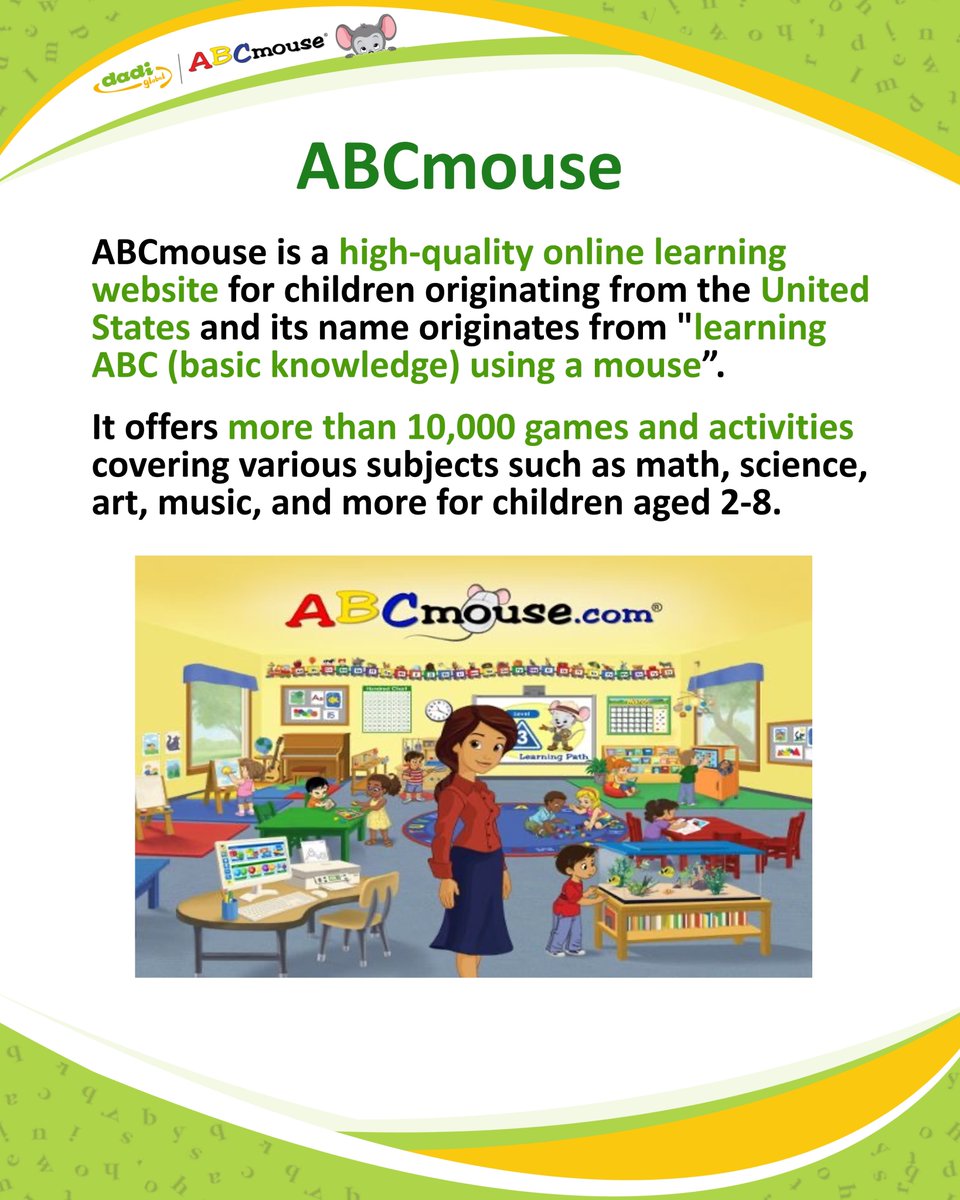 dadiclasstalk's tweet photo. 📚 Learning English has never been this fun.

With thousands of activities, games, songs, and lessons, ABCmouse helps children stay engaged while building essential skills.

📩 Discover why millions of families trust ABCmouse.

#DadiOnlineEnglishClassTalkProgram https://t.co/s1d0jqTLao