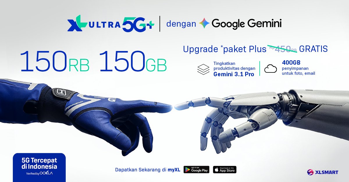 myXL's tweet photo. Buka lebih banyak kemungkinan bareng XL ULTRA 5G+ dengan Google Gemini.

Upgrade paket internet XL dan dapatkan akses gratis Paket Plus Google Gemini!

Cek di myXL : https://t.co/PlrvzVNDen https://t.co/MAUCBFLGa7