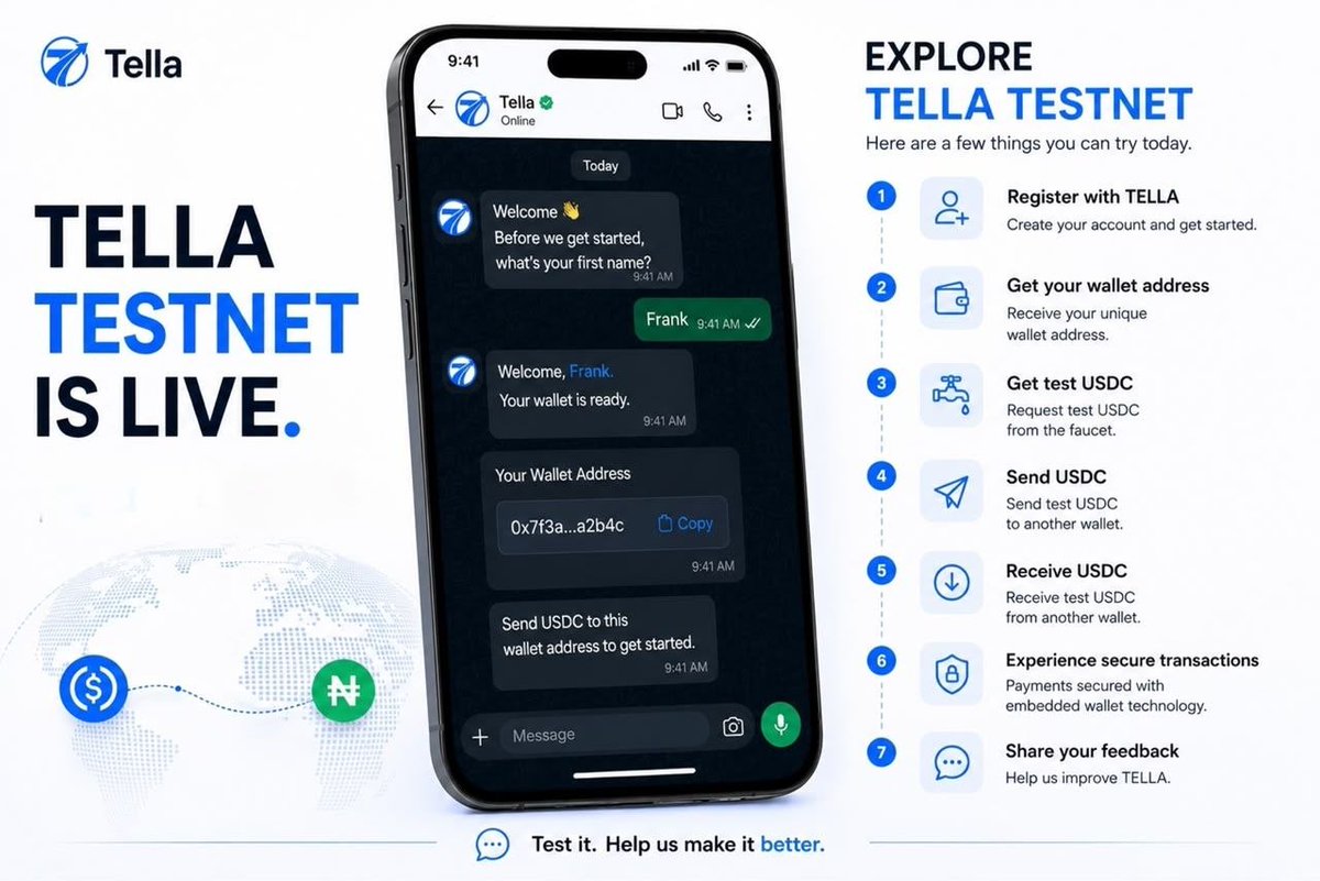 CashTella's tweet photo. TELLA Testnet is now live.

We're building a simple way to send and receive USDC through WhatsApp, making stablecoin payments feel as easy as sending a message.

Today, we're opening TELLA for public testing and we'd love your feedback.

With TELLA, you can send USDC to another registered TELLA user using either their phone number or wallet address. You can also save registered users as beneficiaries, making future transfers even easier.

Here's what you can try:

• Create your account
• Get your wallet address
• Send and receive USDC
• Save beneficiaries for faster transfers
• Explore the wallet experience
• Tell us what felt easy, what felt confusing, and how we can make TELLA better

Need test USDC? Get it here:
https://t.co/8HYpZsU4Gi

Try TELLA:
https://t.co/EIPMOJgcC8

Share your feedback:
https://t.co/NGGN1ZvUgC

Finally, drop your testnet wallet address in the comments so others can send you some test USDC. It's a great way to experience TELLA with other community members and help us test the payment flow together.

You may notice our WhatsApp Business account isn't verified yet. We've already submitted an application to Meta and are currently awaiting verification.

We're building TELLA with our users, not just for them.