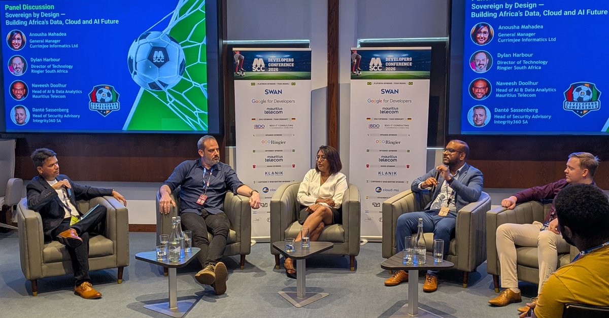 JKirstaetter's tweet photo. Between the matches there's studio time. #DevConMu organiser @IshSookun invited for Panel Discussion — Sovereign by Design: Building Africa's Data, Cloud and AI Future

Local and international guests answered his tough questions. https://t.co/Npiohq0qqN