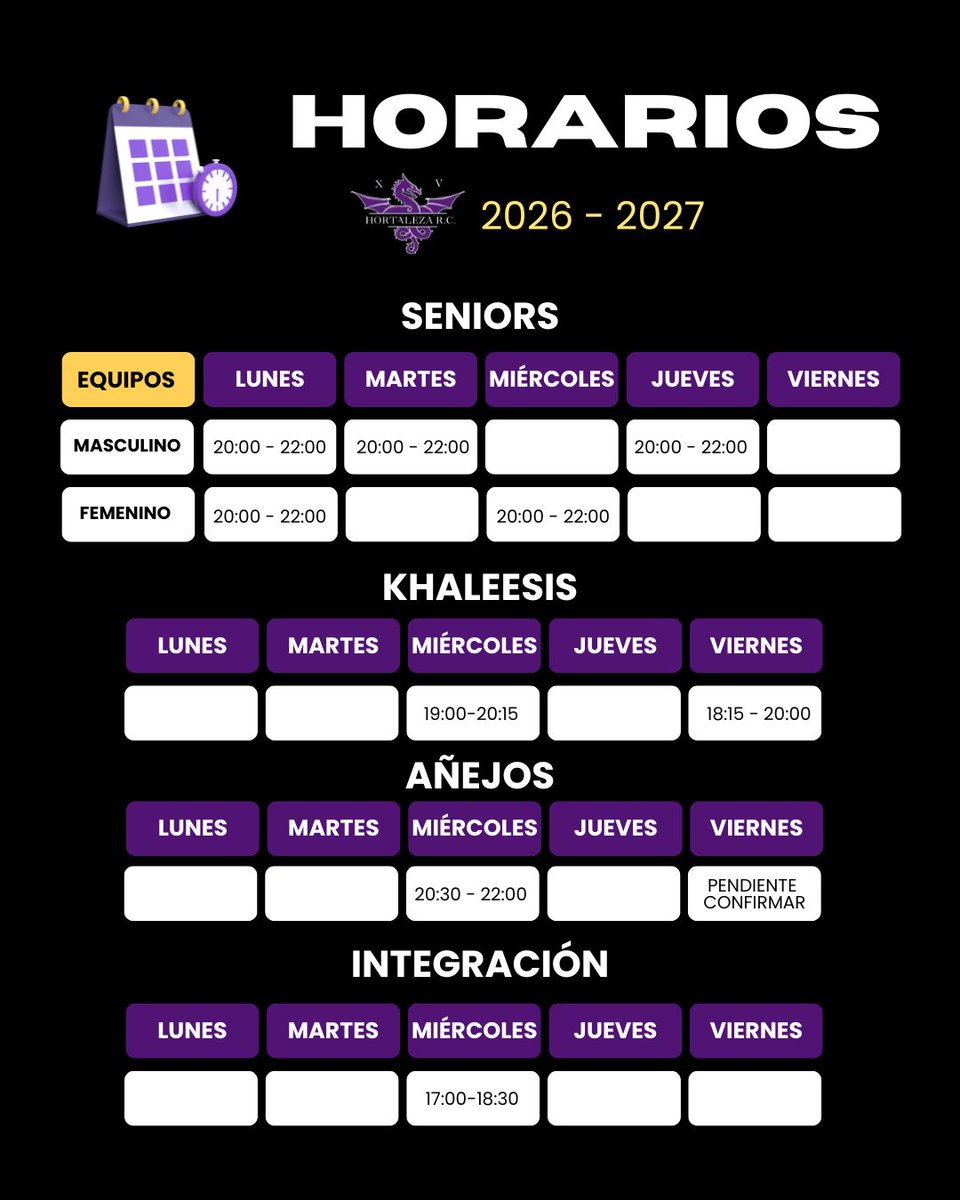 xvhortaleza's tweet photo. Ya tenemos confirmados los horarios de entrenamiento para la temporada 2026-2027.

*Pendientes de confirmar los viernes de entrenamiento para añejos 
¡Prepara las botas, que nos vemos en el club! 💪🐉
🏉🎉#vamosxv #Rugby #RugbyEspañol #Deporte #Hortaleza #rugbyhortaleza https://t.co/IDNsTmldum
