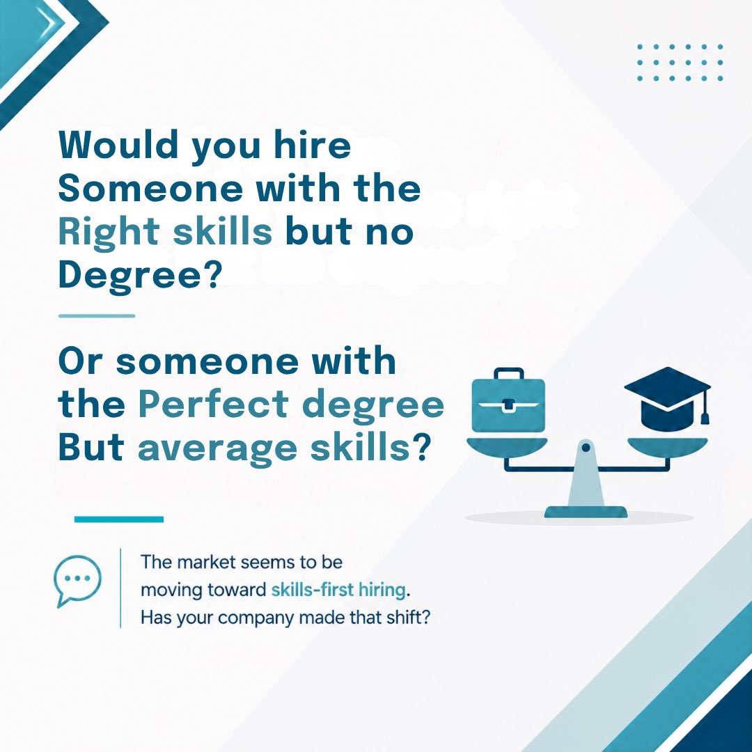 ZederGroup's tweet photo. One question.
Would you rather hire:
Someone with the right skills but no degree
OR
Someone with the perfect degree but average skills?
Tell us why!
#SkillsFirst #Hiring #FutureOfWork https://t.co/0A1YokvjQW