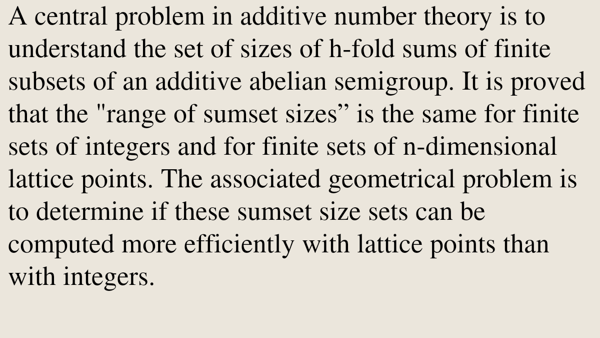 PQBW's tweet photo. A problem on sumset sizes of sets of lattice points

Melvyn B. Nathanson
https://t.co/7IR16zJYmp [𝚖𝚊𝚝𝚑.𝙽𝚃] https://t.co/Nf6PnXnBP6