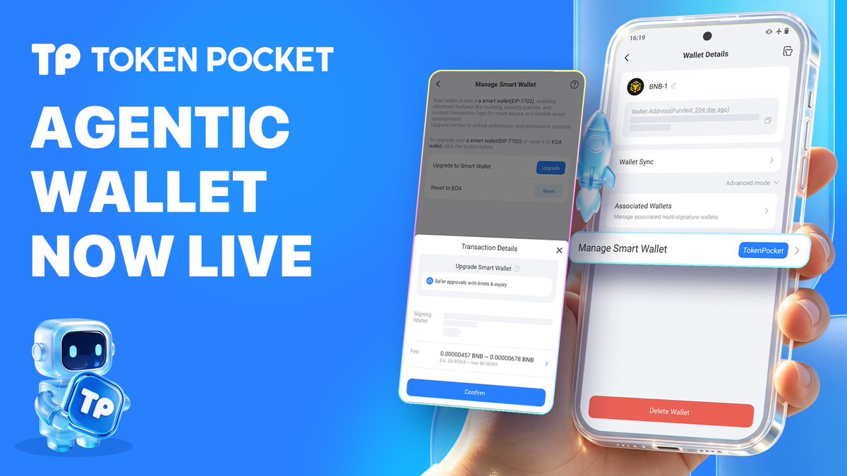 TokenPocket_TP's tweet photo. From signing to smart execution.

TokenPocket now supports Agentic Wallet. 🤖

Set approval limits, duration, and scope for DApps or agents—then let eligible actions execute without repeated confirmations.

Permissions expire automatically when predefined limits are reached.

Less friction. More control.