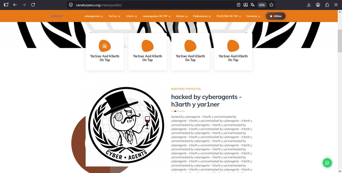 cyberagentsss's tweet photo. https://canaturperu[.]org 

hacked by cyberagents
@CanaturdelPeru @CNN @CNNEE 
#cyberagents #deface #cybersecurity
#website #peru #hacking

Web archive: https://t.co/vvzfFGGuNm

Well see you later, world, sooner than they expect :) https://t.co/k1ePnwyyv7