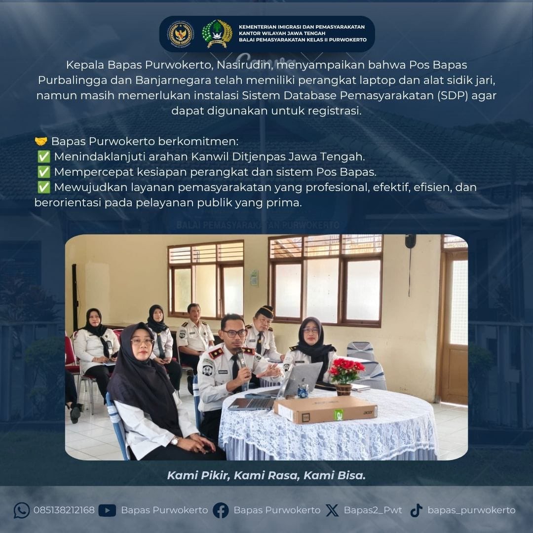 Bapas2_Pwt's tweet photo. Peningkatan kualitas layanan pemasyarakatan dimulai dari kesiapan Pos Bapas. 💻📋

#BapasPurwokerto #Ditjenpas #PosBapas #PelayananPublik #PemasyarakatanPastiBermanfaat https://t.co/HdXdh6YSoF