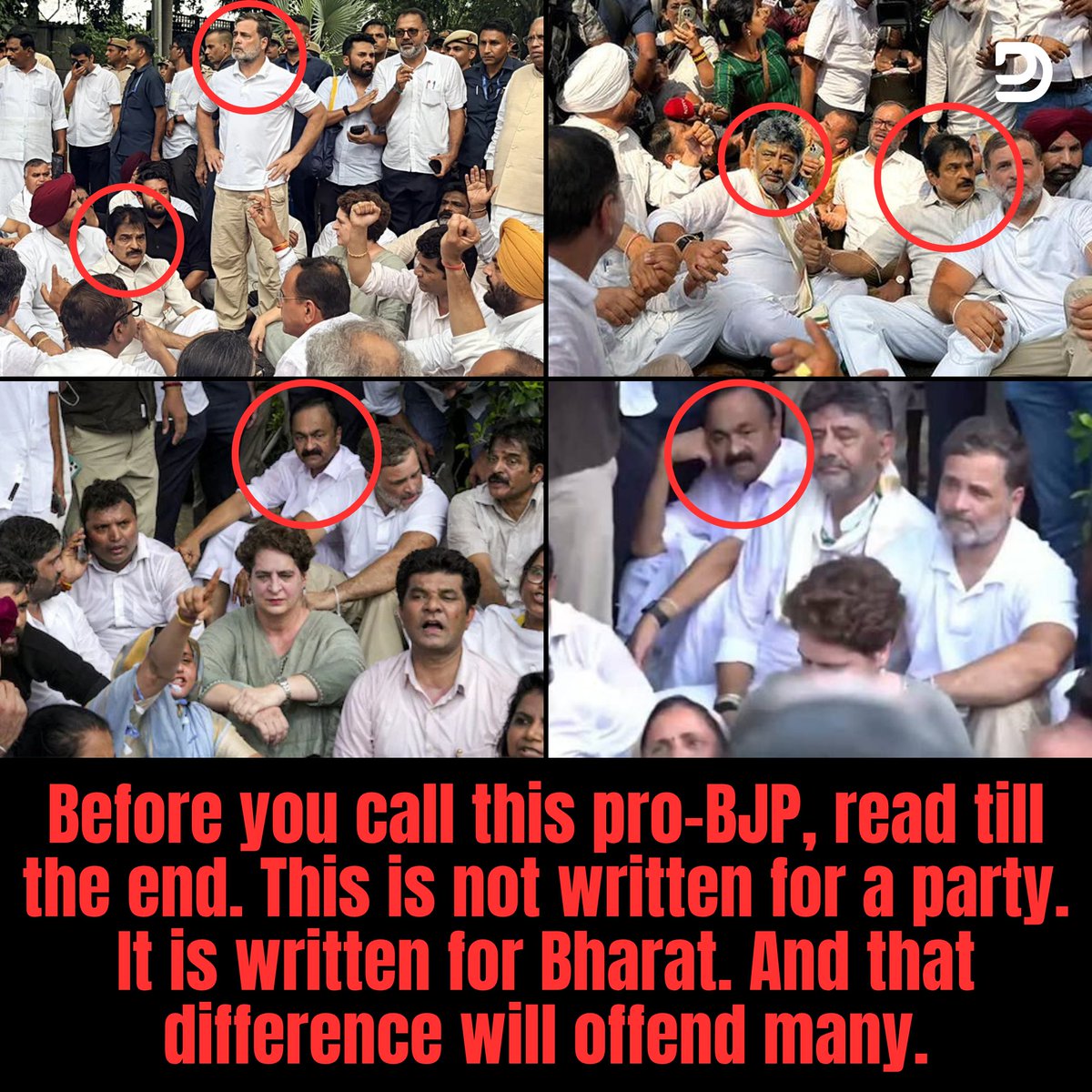 md_deepesh's tweet photo. The road to constitutional chaos rarely begins with fire.
Sometimes, it begins with a chair.

21 July 2026.
Rahul Gandhi walked towards the Prime Minister’s residence.
With him came Priyanka Vadra.

Akhilesh Yadav.

And two serving Chief Ministers:
Kerala CM V. D. Satheesan.
Karnataka CM D. K. Shivakumar.

These were not ordinary demonstrators.
They were lawmakers.

A Leader of the Opposition.
Members of Parliament.
Chief Ministers

All sworn to uphold the Constitution.
The same Constitution they wave before cameras.

The right to protest is sacred.

Question the Government.
Corner it.
Expose its failures.
Demand accountability.

But protest is not a licence to erase security lines.

The Prime Minister’s residence is not a party office.
It is a protected institution of the Indian State.
Its security operates through the SPG framework.
Section 163 of the BNSS was also in force.

Yet lawmakers chose a dharna near that protected zone.
The danger is not only what happened.
It is what their example permits tomorrow.

When leaders march towards a protected residence,
Angry crowds learn even they can do it.

Bangladesh saw crowds storm the PM residence.
Sri Lanka saw protesters occupy the PM residence.
Nepal watched Presidents residences burn.

I am not accusing these leaders of planning violence.
But leadership is judged beyond intention.
It is judged by precedent.

Delhi had already seen violent clashes on 20 July.
Barricades fell.
Property was damaged.

What message came the next day?

That lawmakers carry protest towards the PM’s residence.

What happens when the next crowd refuses to stop?

A protected perimeter cannot be negotiated forever.
One breach can become a national-security emergency.
SPG will activate the security protocol.
And boom!!! Lives may be lost.

Then tragedy becomes symbolism.
Symbolism becomes Emotions.
Emotions becomes chaos.
Chaos becomes constitutional Collapse.

Article 361 protects only the President and Governors.
LOP, MPs and CMs remain answerable to ordinary law.

Power does not place them above the barricade.
It gives them a greater duty to respect why it exists.

I support questions on education.
I support accountability from Goverment.
But I condemn this political theatre.

You cannot defend the Constitution.
While teaching crowds to test the security perimeter of Bharat.

Opposition must challenge power.

It must never gamble with the Republic.

And before you label me an Andhbhakt…
Yes.
I am an Andhbhakt.

Not of a party.
Not of a politician.
But of Bharat.

Had the BJP crossed the same line,
I would have condemned them
with the same anger,
the same words,
and the same conviction.

Because parties come and go.
Governments rise and fall.
But Bharat stands above them all.