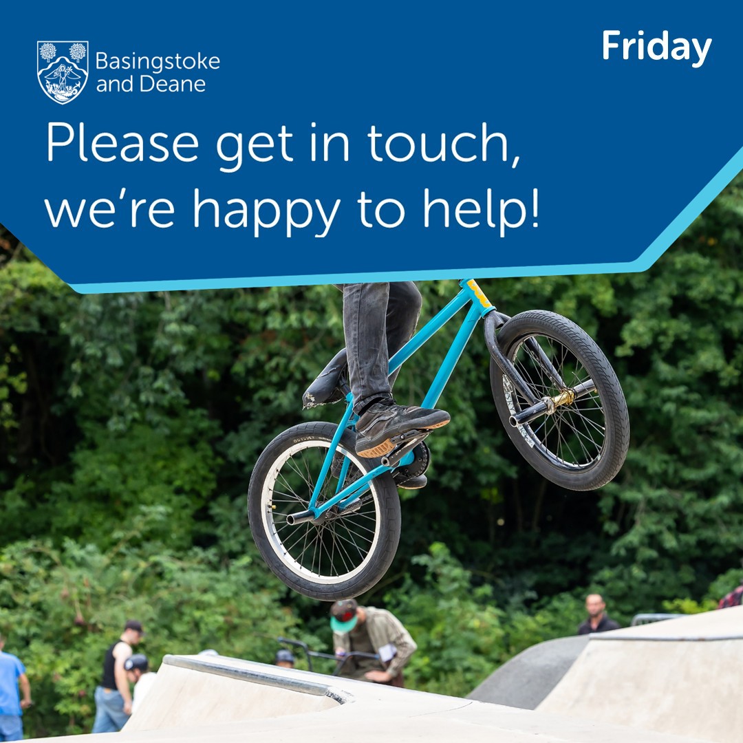 BasingstokeGov's tweet photo. Hello Friday! Please let us know any customer service questions you have and our team will help. Our FREE event Limitless will be coming to The War Memorial Park tomorrow (Saturday 25 July) from 11am to 5pm.  Come along and have a go at BMX tricks, skateboarding, parkour or more! https://t.co/eDRHU4iIAI