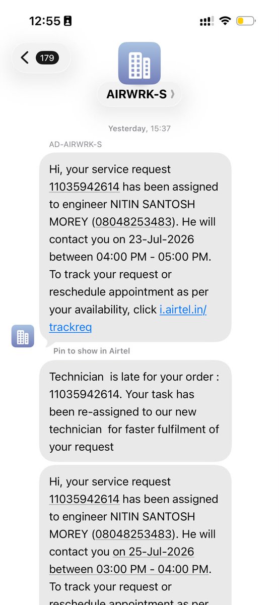 ibhaveshjadhav's tweet photo. @airtelindia In 28 days, I've registered the same WiFi complaint 3 times. Each complaint takes 20+ mins. The same engineer, Santosh Morey, gets assigned every time, never shows up, yet @Airtel marks it "Resolved." Stop faking resolutions. #Airtel #PoorService #WiFiFail https://t.co/iEReL64lBX
