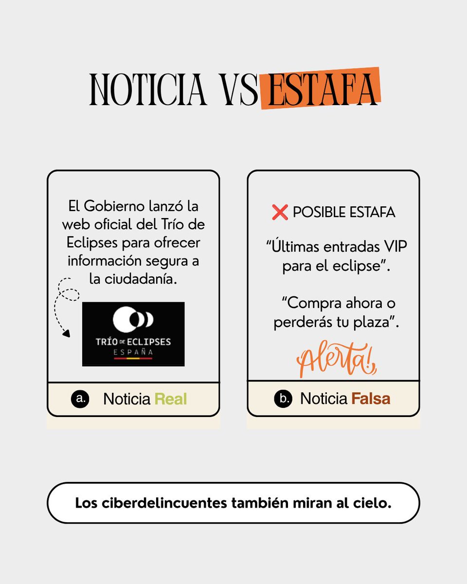 osiseguridad's tweet photo. 🌒 El eclipse del 12 de agosto también puede ser el gancho perfecto para una estafa.

⚠️ Desconfía de ofertas de entradas demasiado buenas para ser verdad.

🔗 Evita fraudes: https://t.co/OaoEbojNGS

#Eclipse2026 #EstafasOnline #Ciberseguridad https://t.co/4MN2ms1Xav