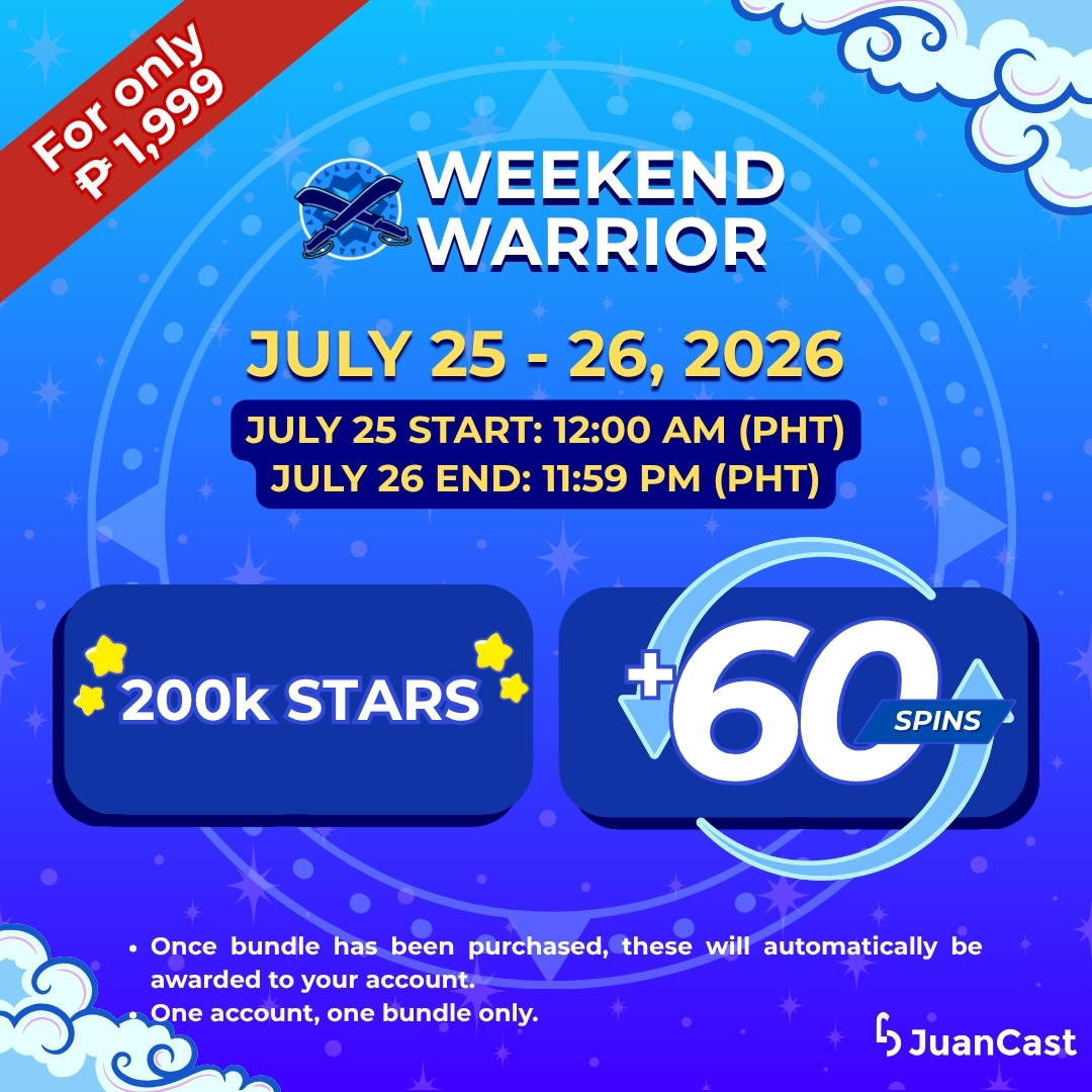 NotJuanCastPH's tweet photo. Weekend Warrior Alert‼️

Double Star ba ay di sapat? Worry not! 🔥

Grab 200K stars⭐ and +20 spins🌀 for only PHP 1,999 from July 25 (12:00 AM) - 26, 2026 (11:59 PM)

Happy Weekend, EveryJuan!🩵

#JuanCast #EveryJuansChoice #WeekendWarrior https://t.co/AlCY7nXTlu