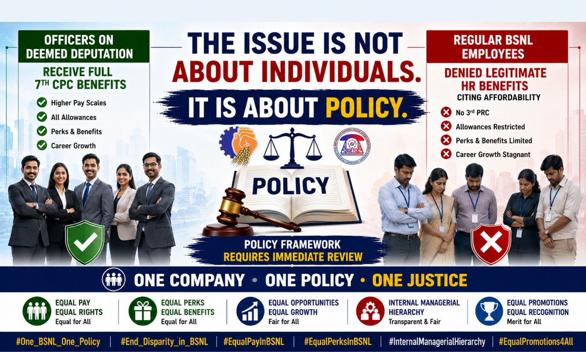 dindas1979's tweet photo. Same Employer. Same Revenue Account. Same Responsibilities.
Different HR Policies cannot be justified. BSNL deserves One Company • One Policy.
#One_BSNL_One_Policy #EqualPerksInBSNL #EqualPromotions4All
@PemmasaniOnX @PMOIndia @BSNLCorporate @CMDBSNL https://t.co/wJ9yz95Rw9