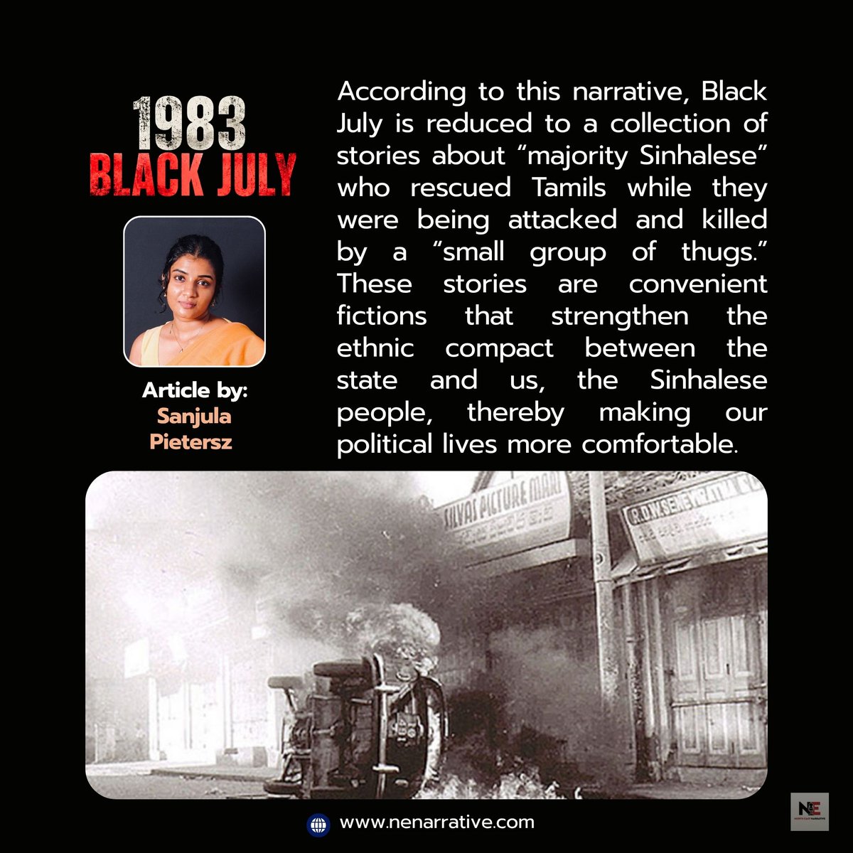 NENarrative2026's tweet photo. According to this narrative, Black July is reduced to a collection of stories about “majority Sinhalese” who rescued Tamils while they were being attacked and killed by a “small group of thugs.” 
https://t.co/hShAQ2MvIo https://t.co/4VRCoswI0Y