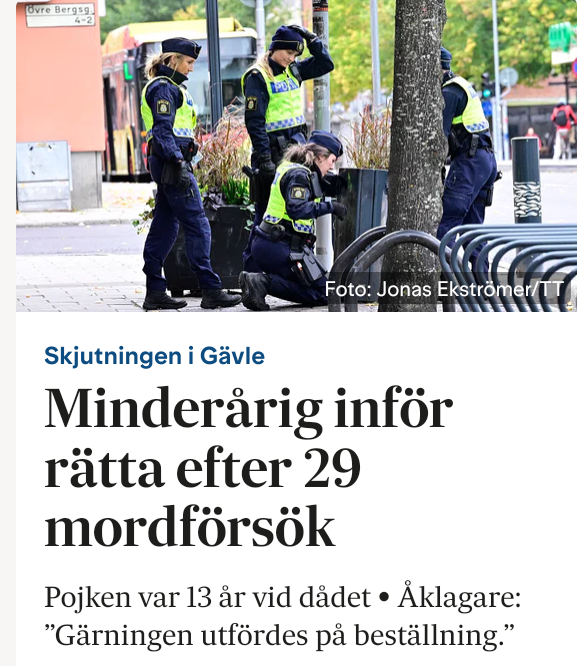 Anna1849's tweet photo. Får inget straff, trots mordförsök av 29 människor, i Gävle?? 
"Pojken kan inte få någon straffrättslig påföljd, men en bevistalan innebär att domstolen ändå tar ställning till om pojken har gjort sig skyldig till brott." 
Så 13-årigen går fri från fängelse, trots att han hade avsikt att mörda 29 människor 🤬🤬