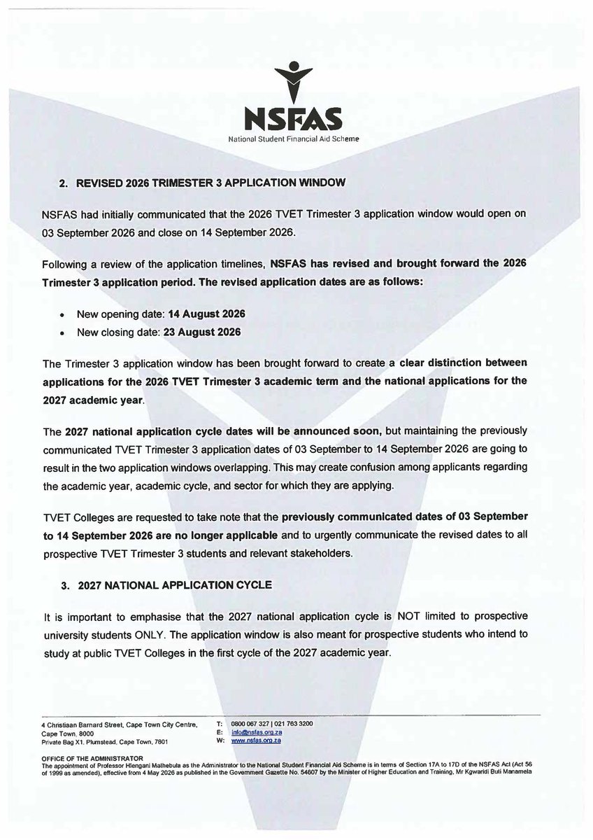 CollegeofCT's tweet photo. CIRCULAR NOTICE NO.8 OF 2026: REVISED 2026 TVET TRIMESTER 3 APPLICATIONS DATES AND 2027 TVET CYCLE 1 APPLICATIONS NOTICE! https://t.co/EF5gTfM3y9