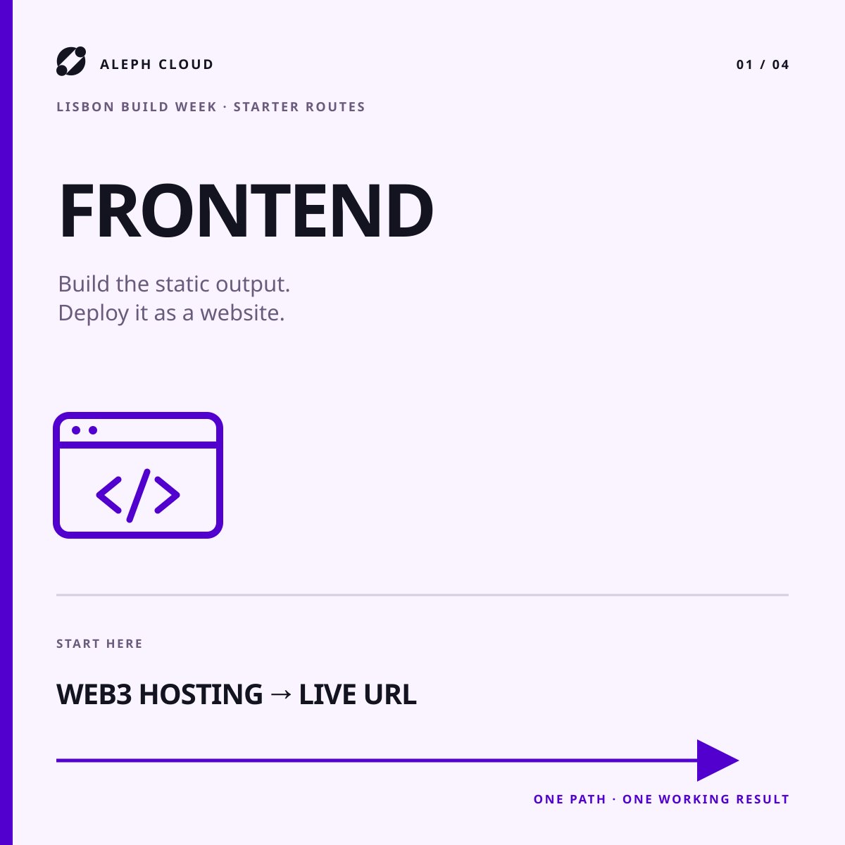 aleph_im's tweet photo. A weekend build should not lose Sunday to cloud setup.

Pick the smallest path that fits:
1. static frontend
2. long-running service
3. file/data
4. wallet-signed message

Four routes. Four verifiable outputs. Links in the replies. https://t.co/g883hjcicv