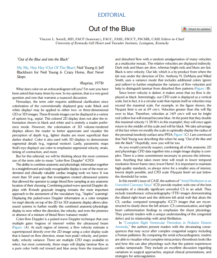 VLSorrellImages's tweet photo. #JADEL 
Just Another Day in the Echo Lab

My latest musing from CASE @CASEfromASE 
https://t.co/SDAV2xn5f6

In this editorial, I explore the "color" in color flow Doppler, the "limit" in the Nyquist limit, and why Neil Young sings: 

"Out of the Blue and into the Black" 

@ASE360 https://t.co/wR6u69lzwL