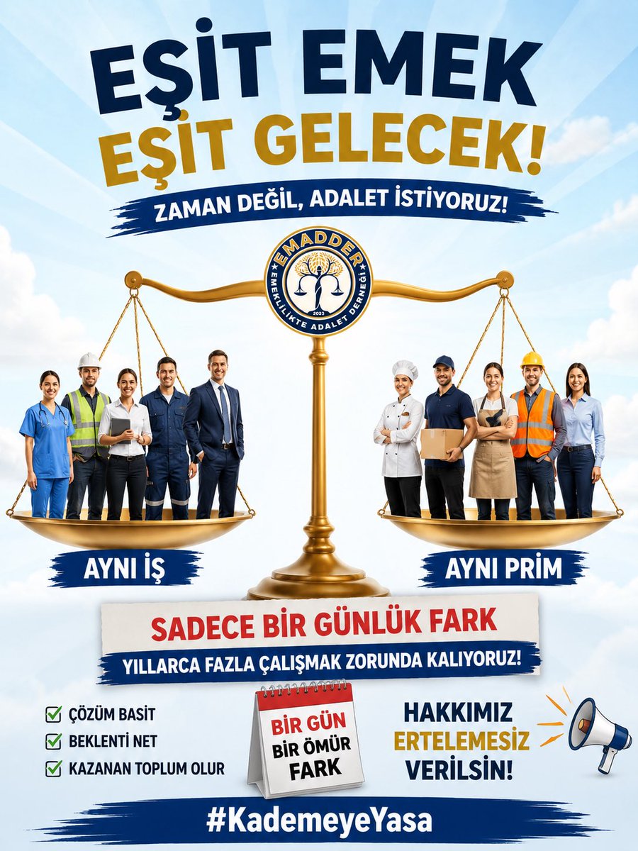 ErenVural1234's tweet photo. ⚖️ Adalet, benzer durumda olanlara benzer uygulama yapılmasını gerektirir.

🔸 Aynı şartlarda çalışan insanlar…
🔸 Aynı yükü omuzlayan emekçiler…
🔸 Aynı sisteme katkı sağlayan milyonlar…

❗ Farklı muameleyle karşılaşmamalıdır.

📢 Eşitlik duygusunu güçlendirecek adım artık atılmalıdır.

#KademeyeYasa 
@EmadDernegi