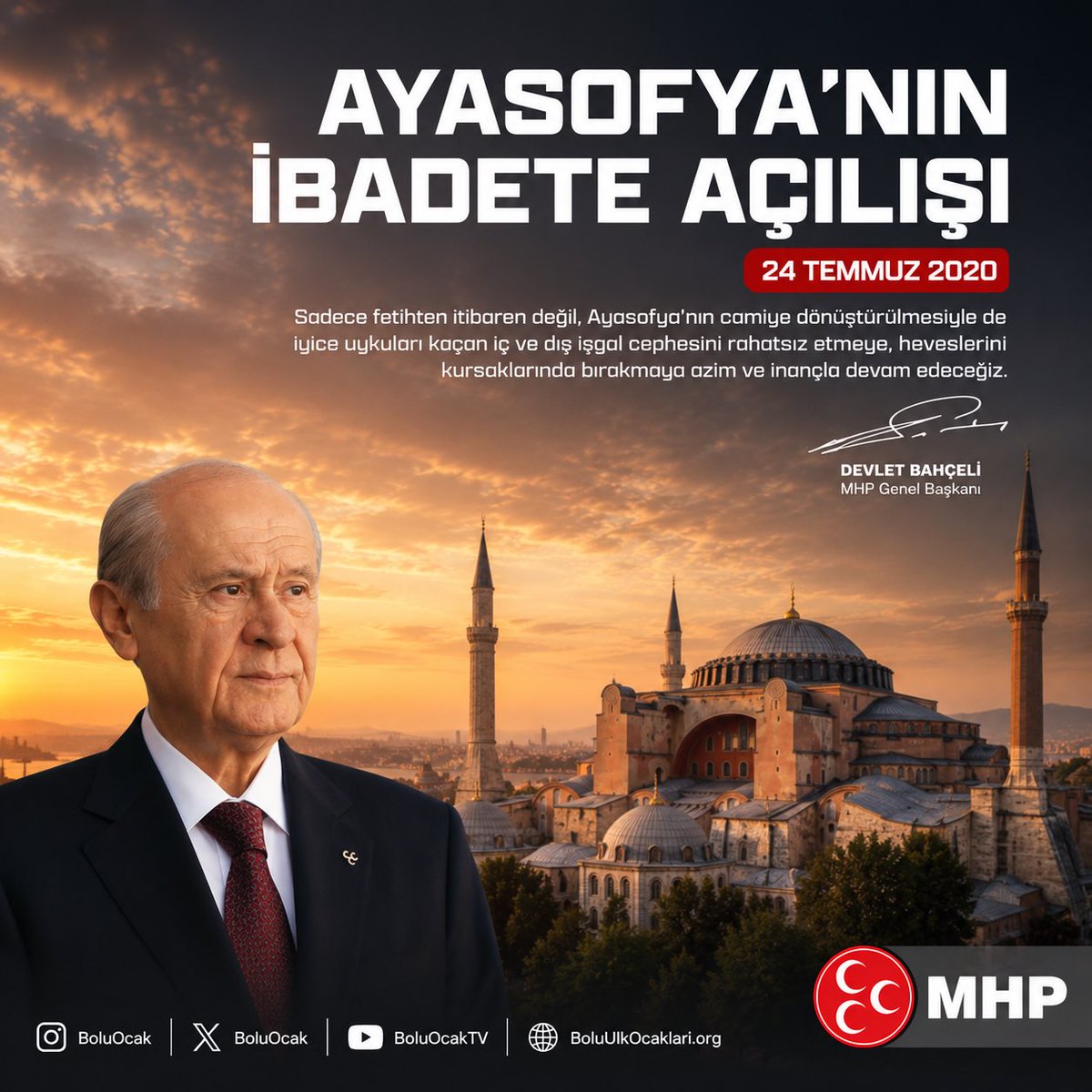 boluocak's tweet photo. Ayasofya’nın İbadete Açılışı Kutlu Olsun

Sadece fetihten itibaren değil, Ayasofya’nın camiye dönüştürülmesiyle de iyice uykuları kaçan iç ve dış işgal cephesini rahatsız etmeye, heveslerini kursaklarında bırakmaya azim ve inançla devam edeceğiz.

MHP Genel Başkanı
Devlet BAHÇELİ https://t.co/CnXEi5GIXx