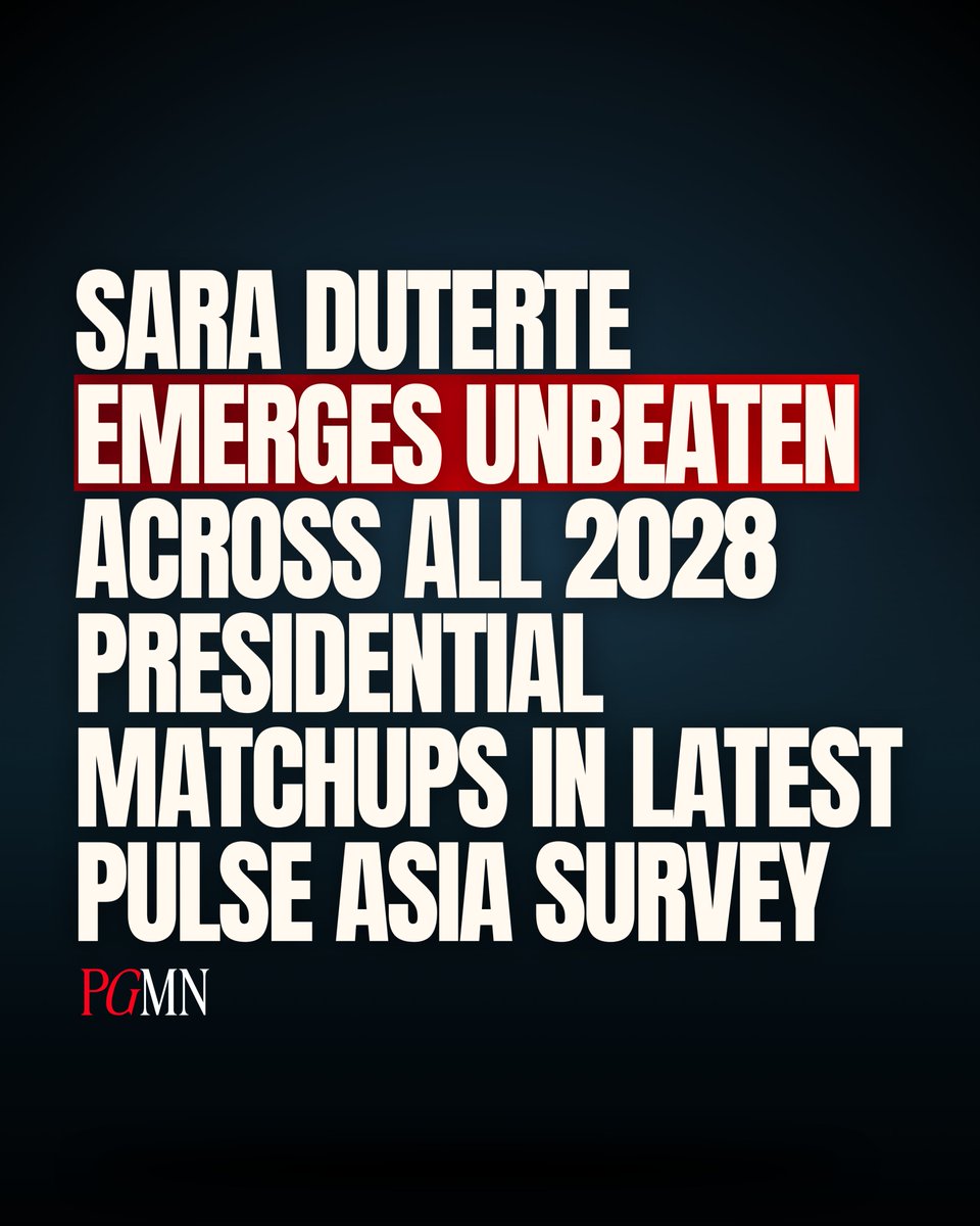 PGMNOfficial's tweet photo. Vice President @indaysara swept every presidential scenario tested by Pulse Asia, emerging as the strongest early contender for the May 2028 elections despite facing an impeachment trial.

Duterte drew 49% in the main six-candidate race, nearly doubling former vice president and Naga City Mayor @lenirobredo’s 26%. Senator @IdolRaffyTulfo followed with 14%, while the other possible candidates received 1% or less. Her support rose further as the field narrowed, reaching 51%, 56%, and 57% across three-way matchups.

She also dominated both head-to-head contests. Duterte defeated Robredo, 52% to 39%, and Senator @risahontiveros, 60% to 21%. Her strongest base remained Mindanao, where 87% chose her in the main field, followed by the Visayas at 53%.

Pulse Asia interviewed 2,400 adults nationwide from June 28 to July 3 and July 6. The survey carried a ±2% national margin of error and found that 89% of Filipinos were already interested in the 2028 race.