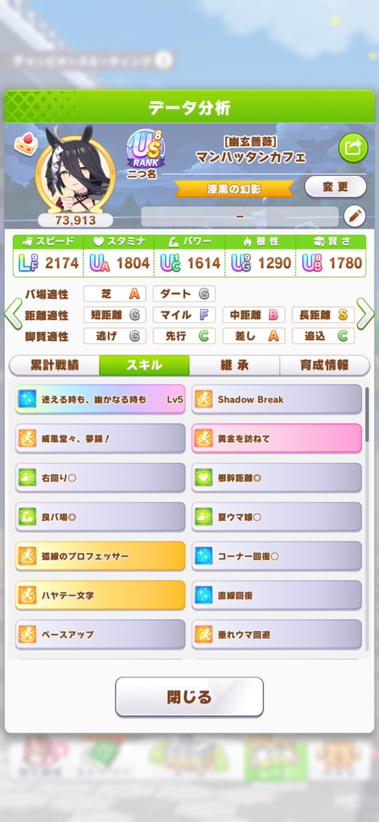 sunset_wiz's tweet photo. #ゆぷウマメモ
LONG（2026.07）
切れカフェできてたけど🍊のせいかそこまで勝率伸びなかったから急遽ハヤヒデ召喚。
因子うんこすぎて切れても取るものなかった https://t.co/bDRNZKEibg