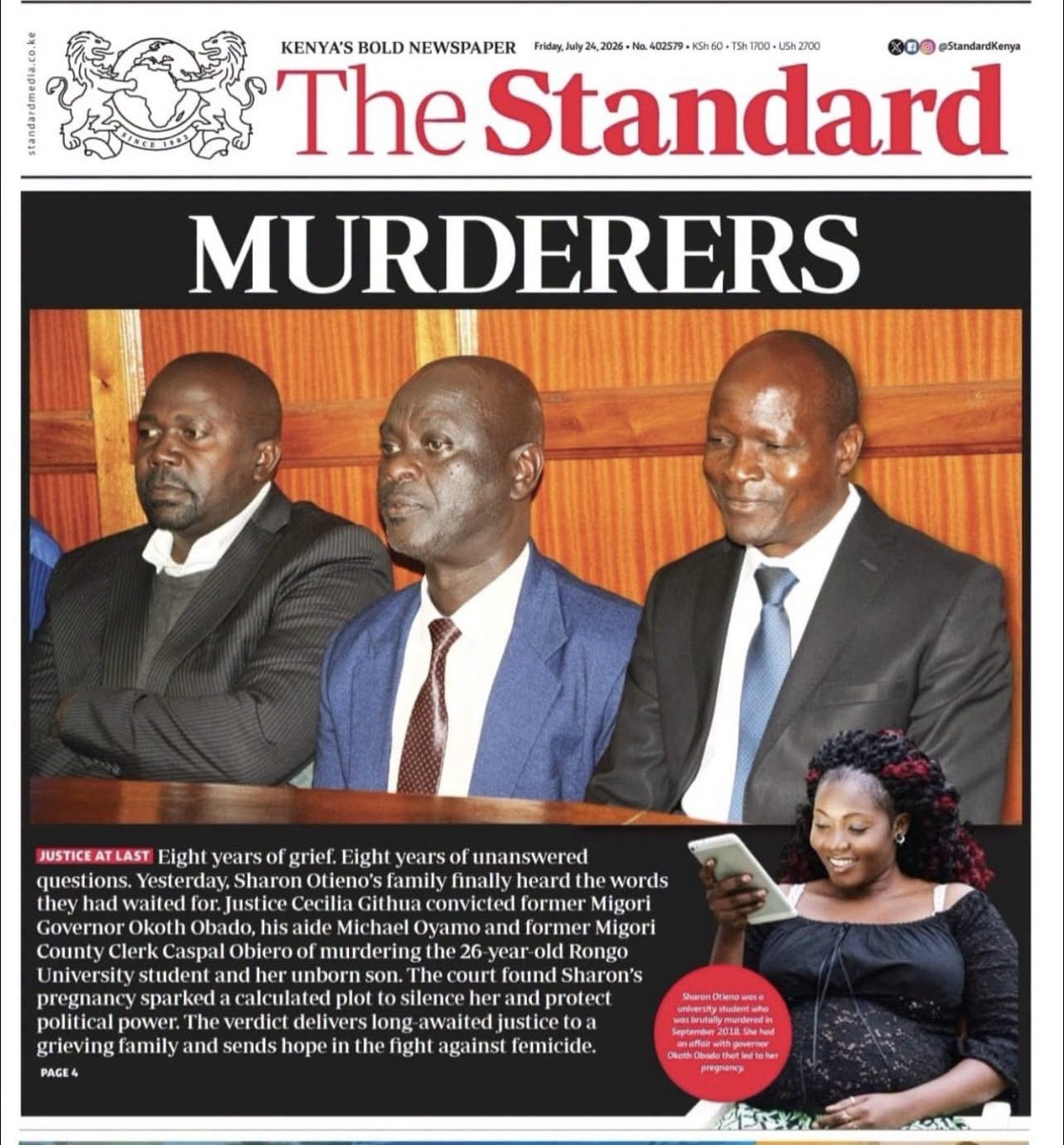 FaithOdhiambo8's tweet photo. Former Migori Governor Okoth Obado’s conviction for the brutal murder of Sharon Otieno is a searing indictment of how power, patriarchy and impunity have operated in our politics for years.

For nearly eight years, Sharon’s family, women’s rights defenders and journalists were forced to relive her abduction, the terror she endured and the discovery of her body in a forest, all while a powerful governor insisted this was mere suspicion. Yesterday’s verdict affirms that the law can, and must, pierce the armour of political office.

This judgment should now open the door for more unresolved cases to move from files to finality. Justice cannot stop with Sharon, it must extend to Baby Pendo, Albert Ojwang and thousands of other Kenyans whose lives were cut short through abuse of state power.

Justice for Sharon therefore means strengthening investigations, speeding up trials and dismantling the cultures that shield perpetrators when victims are poor, young or politically inconvenient. Each concluded case widens the path for families still waiting at mortuaries and court corridors for answers.

To every survivor and every bereaved family watching this case, your pain is real, but so is the Constitution. Our duty is to insist that no Kenyan death at the hands of power is too old or too political for accountability. 

Sharon’s name must live not only as a warning to abusive power, but as a catalyst for a Kenya where state violence is met with immediate investigation, swift prosecution and zero tolerance.