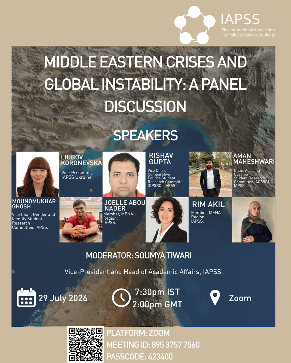 iapss's tweet photo. The Middle East's ongoing conflicts continue to reshape global politics, economic stability, and humanitarian conditions.

Join us as our panelists examine the wars in Gaza and Iran, disruptions to the Strait of Hormuz.
#MiddleEast   #GlobalPolitics #WorldAffairs https://t.co/6zRao1NTw6