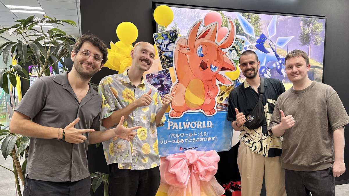 Bucky_cm's tweet photo. Suddenly…the French appeared.  

Thanks Guillaume and the boys from Sandfall for coming by Pocketpair say hi! https://t.co/l34XNxjB84