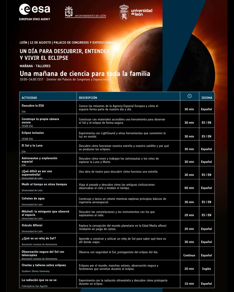 LeonAyto's tweet photo. ☀️🌚 😎 ¿Preparado para el eclipse del 12 de agosto? En #LeónEsp tenemos el mejor plan para disfrutar de él aprendiendo gracias a una jornada intensiva que hemos preparado junto a la @esa_es y @unileon 
#EclipseLeón 
ℹ️ Descúbrelo: https://t.co/gWGXNeC18d https://t.co/DPLsJPdD1c