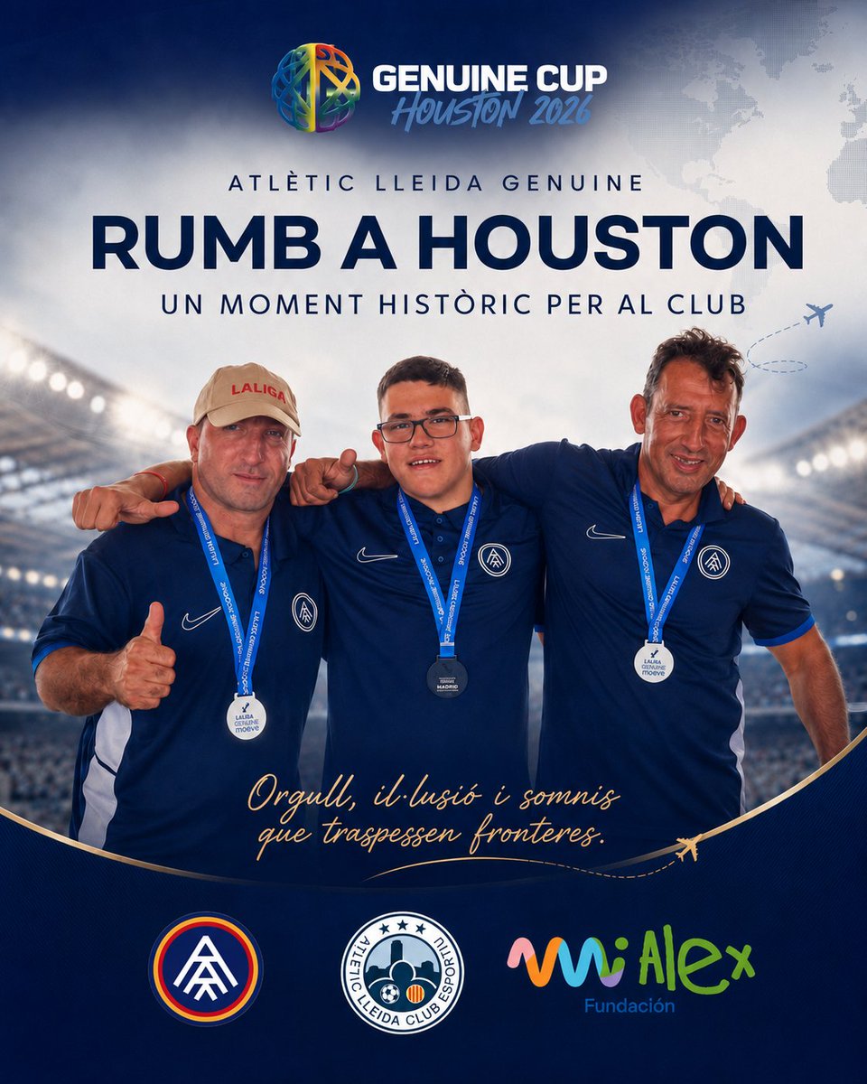 atletic_lleida's tweet photo. 🌍 Rumb a Houston!

Tres jugadors de l’Atlètic Lleida Genuine faran història participant a la Genuine Cup Houston 2026, considerada la Copa del Món del futbol Genuine.

Marcos Espinosa, Isaac Ferreira i Àlex Pena s’integraran a l’Andorra Futbol Club per disputar aquesta competició internacional, que se celebrarà del 27 de juliol a l’1 d’agost a les instal·lacions de la Universitat de Rice.

Els tres futbolistes viatjaran aquest diumenge cap als Estats Units acompanyats de Meritxell Sales, en una experiència única que els permetrà compartir futbol, valors i emocions amb equips d’arreu del món.

Aquesta participació és fruit del conveni de col·laboració entre l’Atlètic Lleida i l’Andorra Futbol Club en el marc del projecte Genuine.

Un moment històric per al club i un motiu d’orgull per a tota la família atlètica.

Orgull, il·lusió i somnis que traspassen fronteres. 💙
@fcandorra @MiFundacionAlex