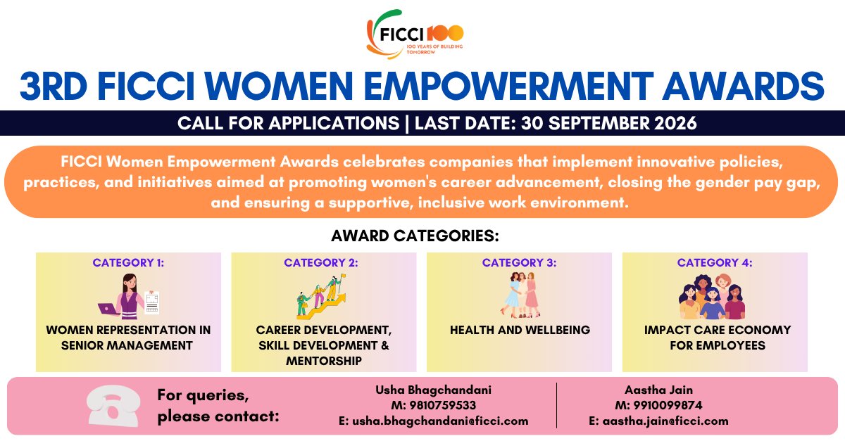 ficci_india's tweet photo. Get recognized at the 3rd FICCI Women Empowerment Awards 2026 for initiatives that are creating #inclusive, #equitable, and supportive #workplaces.
Last date to apply: 30 September 2026
For more information, visit: https://t.co/PO0L9YQjNZ
#FICCI #WomenEmpowerment https://t.co/AeXX4faP3m