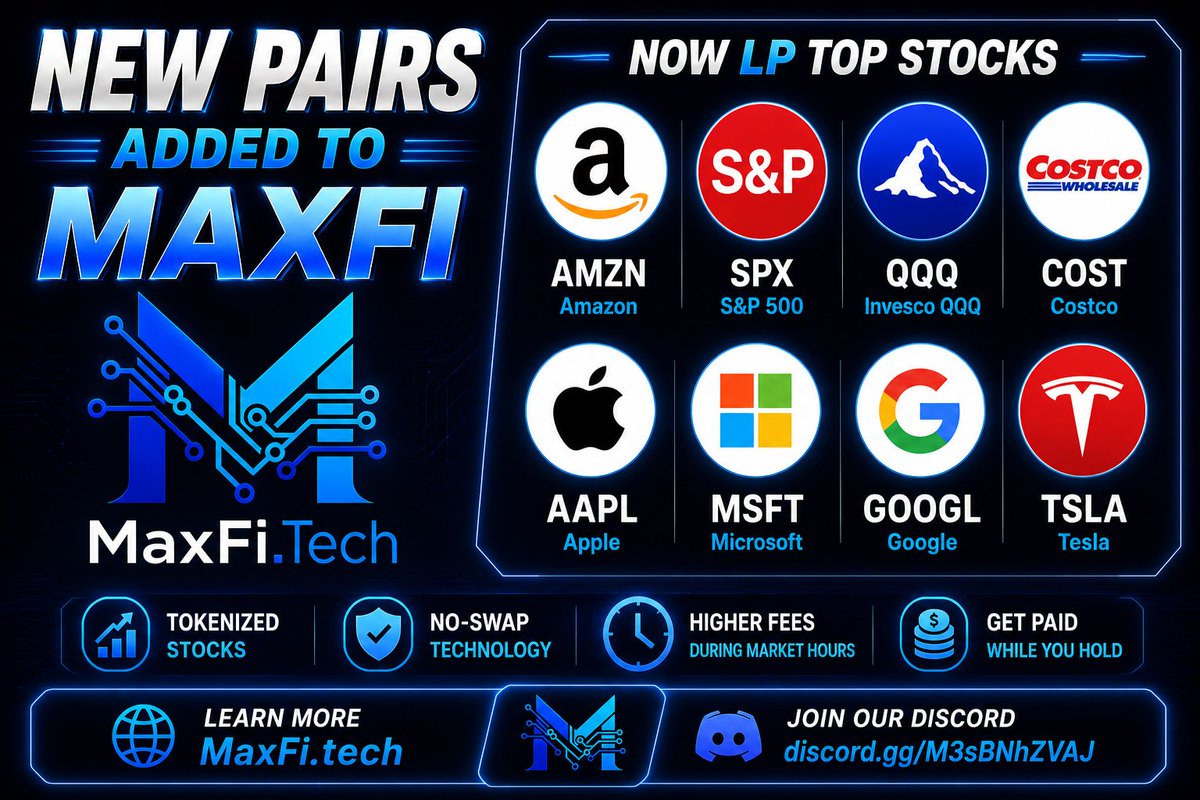 MAXFILABS's tweet photo. 🚀 MAXFI JUST CHANGED INVESTING FOREVER.

LP your favorite stocks for 1000% to 3000% APR
💰 Earn while you hold.

🍎 $AAPL
🚗 $TSLA
💻 $MSFT
📦 $AMZN
🔍 $GOOGL 
📊 $SPY
📈 $QQQ 
🏪 $COST 
🔥 200%–3000% APR
⚡ Powered by Robinhood Chain
Welcome to the next generation of finance.
🌐 https://t.co/DQtUVYOrKZ
💬 https://t.co/jKdjaBEtDG

@Costco @Apple