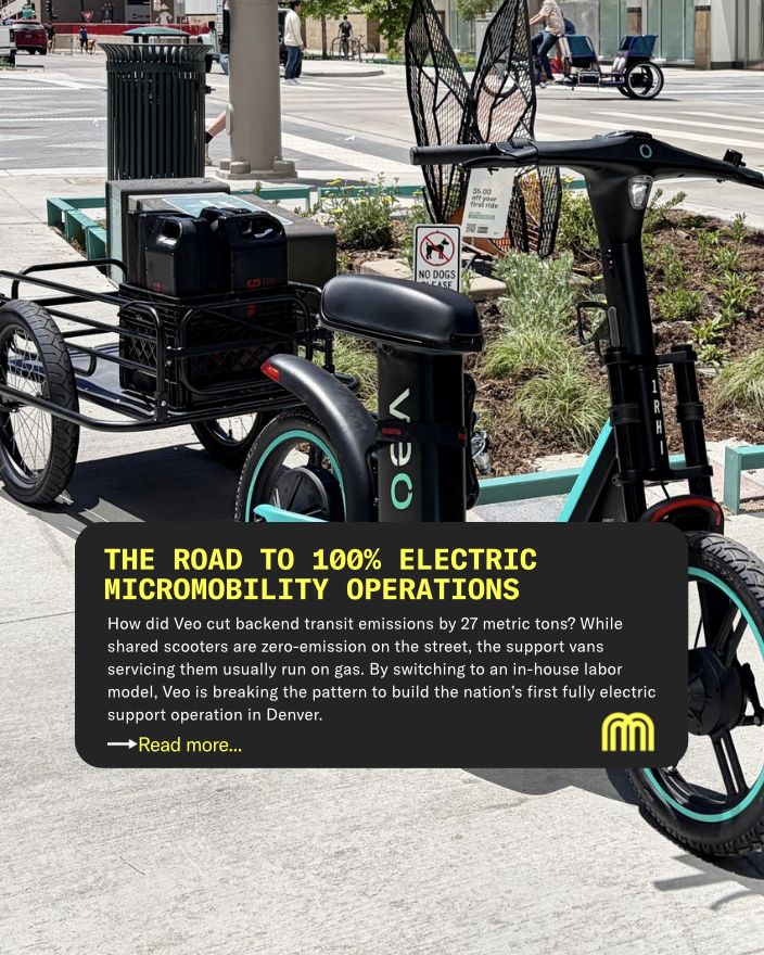MicromobilityCo's tweet photo. The scooters were already electric. The harder part was everything behind them.

For years, the conversation around micromobility electrification has focused on the vehicles riders unlock. But behind every shared fleet is another fleet; service vans, battery swaps, rebalancing teams and overnight operations, that keeps the system running.

Our latest feature explores how @VeoMobility is tackling that challenge in Denver, building a fully electric operations fleet that goes far beyond the scooters themselves.

Read the full story: https://t.co/8WJzXtQgTF
