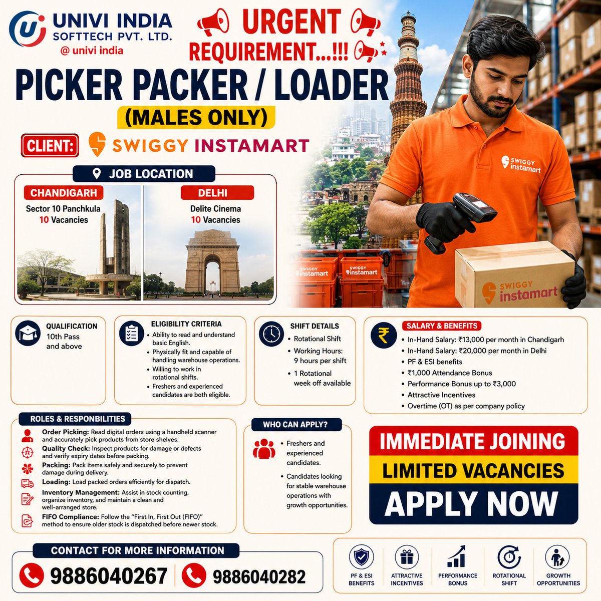 UniviIndia's tweet photo. 🚨 URGENT HIRING! Picker/Packer/Loader (Males only) 📦
Client: Swiggy Instamart
📍 Chandigarh (10) &amp; Delhi (10) vacancies
💰 ₹13K (Chd) / ₹20K (Del) + PF, ESI, bonuses
⚡ Immediate joining
📞 9886040267 | 9886040282
#Hiring #SwiggyInstamart #JobAlert https://t.co/lYd9txzLgC