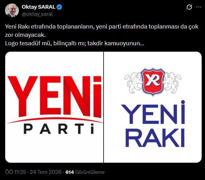 gundemedairhs's tweet photo. Cumhurbaşkanı Başdanışmanı Oktay Saral'ın, Özgür Özel'in kurduğu YENİ Parti'nin logosuna yorumu:

Yeni Rakı etrafında toplananların, YENİ Parti etrafında toplanması da çok zor olmayacak.

Logo tesadüf mü, bilinçaltı mı; takdir kamuoyunun...