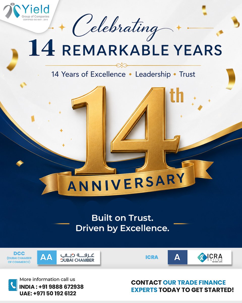 Yield4Finance's tweet photo. ✨ Celebrating 14 Remarkable Years of Excellence ✨
This milestone reflects the confidence our clients place in us, the dedication of our team, and our commitment to delivering world-class trade finance solutions.
Built on Trust. Driven by Excellence.

#YieldGroup #14Years https://t.co/Fn2ahgXvtb