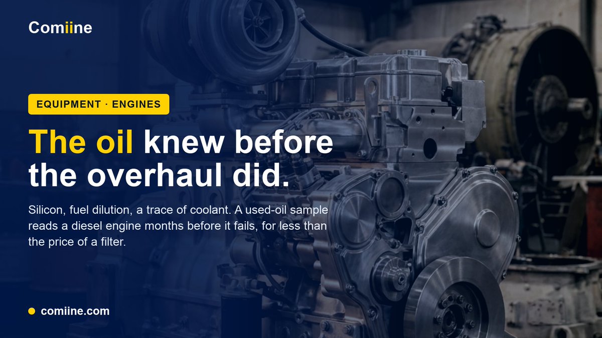 ComiineHub's tweet photo. A diesel engine hints before it dies. Most arrive in a used-oil sample.

Silicon = dirt past the air filter.
Fuel dilution = thinning oil, rising soot.
Coolant trace = internal leak.

Baseline at rebuild, sample every service, trend the direction.

What number do you check first? https://t.co/jBTSyZWTwU