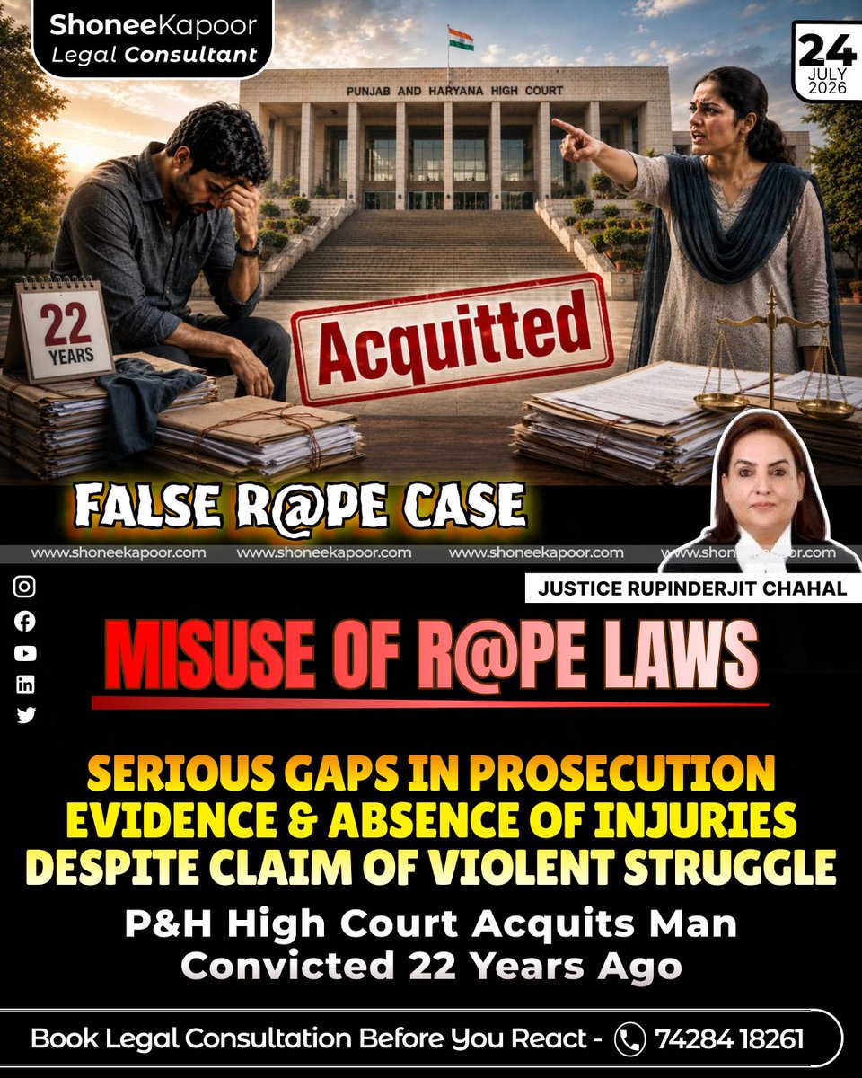 ShoneeKapoor's tweet photo. A Man Acquitted after 22 years in a False R@pe Case. P&H High Court find serious gaps in Evidence. 

A man carried the stigma of a r@pe conviction for nearly 22 years despite serious gaps in the evidence.

No injuries, no examined eyewitness, an unexplained FIR delay and no scientific link to the accused.

When doubt is ignored, the courtroom does not deliver justice—it destroys a man’s life.

TO READ EXACTLY WHAT THE HIGH COURT SAID AND DOWNLOAD THE ORDER COPY, CLICK HERE:👇
https://t.co/pIBQLFJtT6

#RapeCase #Acquittal #RuleOfLaw