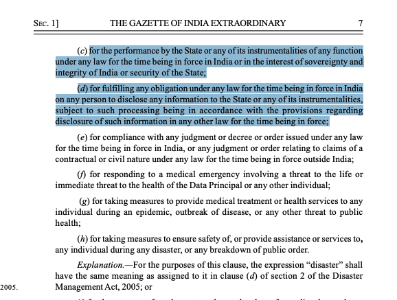 prateekwaghre's tweet photo. Just a reminder that India's famed data protection act that was being heralded as some sort of watershed moment (it was not), does very little to protect you from this sort of state surveillance, and on the contrary, gives the government plenty of leeway to exempt itself.
a) things are allowed unless actually declared unlawful. [img 1] - Section 4(2)
b) allows a vague and wide range of things as 'certain legimiate uses' where the state can assume consent. [img 2,3] - Section 7
c) allows the state to exempt any part of itself, and any data gathered. [img 4] - Section 17(2)
