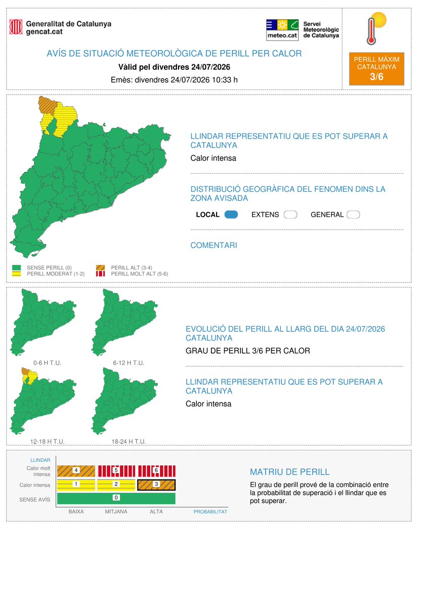 meteocat's tweet photo. ⚠ Actualitzat l'avís de situació meteorològica de perill (#avisosSMP) per calor ⚠

📅 Divendres i dissabte: de 08:00 a 20:00 h
🥵 Llindar que es pot superar: calor intensa
 🟠 Grau de perill màxim: 3/6

Hora local (h) = TU +2 https://t.co/1cjtLrRsXR