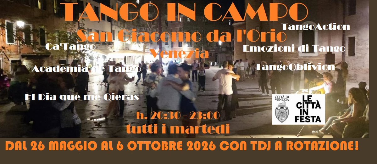 lecittainfesta's tweet photo. Martedì 28 luglio si balla il #tango sotto il cielo estivo di Venezia

Dalle 20.30 alle 23 Campo San Giacomo dell’Orio si trasforma in una milonga a cielo aperto, dove musica, passione ed eleganza si incontrano

@comunevenezia @veneziaunica https://t.co/guQzf9Sk6J