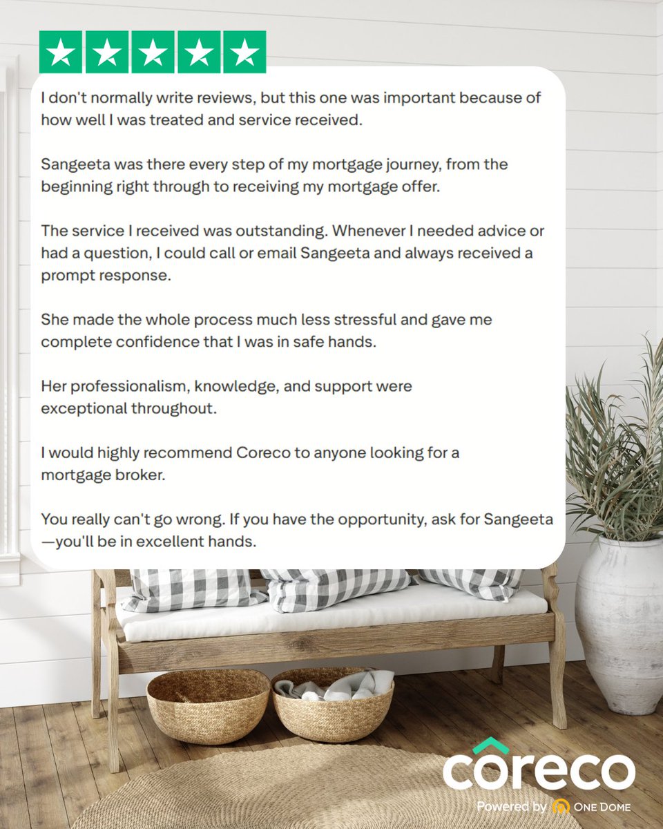 Coreco's tweet photo. Too good not to share! What a review for one of our lovely advisers, Sangeeta 🤩���

#Trustpilot #Review #FiveStar #MortgageAdvice #Property https://t.co/jXvq4DvnLo