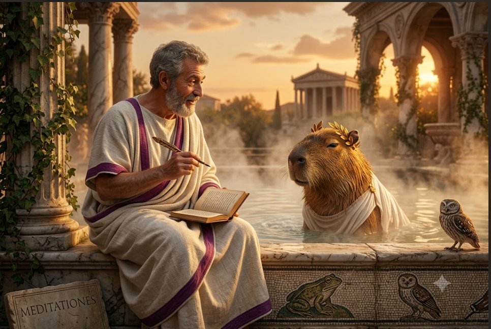 CapybaraStoic's tweet photo. Marcus Aurelius wrote to himself every morning: "You will meet the busy, the ungrateful, the arrogant, the deceitful, the envious, the unsocial today."
The capybara wakes up and meets none of these. He meets warm water.
Choosing your environment is the first philosophy. Everything else is optional. 🧘
$STOICBARA