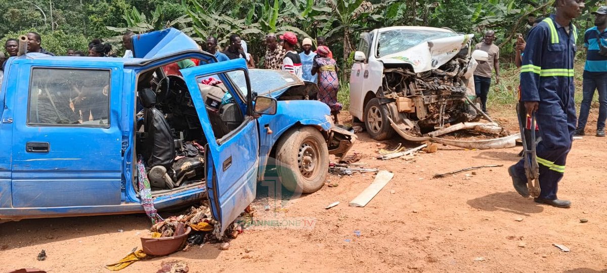 Citi973's tweet photo. [PHOTOS]: Three people have died and eleven others sustained injuries following a head-on collision between a Isuzu pickup and a Toyota Voxy at Ajumako Kokoben in the Central Region.

Preliminary investigations indicate that the Toyota Voxy was overtaking at high speed when poor visibility caused by dust led to the crash. Police have launched investigations into the incident.
 
#ChannelOneNews #RoadAccident #AjumakoKokoben #CentralRegion #GhanaNationalFireService